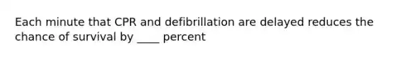 Each minute that CPR and defibrillation are delayed reduces the chance of survival by ____ percent