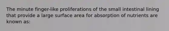 The minute finger-like proliferations of the small intestinal lining that provide a large surface area for absorption of nutrients are known as: