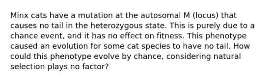 Minx cats have a mutation at the autosomal M (locus) that causes no tail in the heterozygous state. This is purely due to a chance event, and it has no effect on fitness. This phenotype caused an evolution for some cat species to have no tail. How could this phenotype evolve by chance, considering natural selection plays no factor?