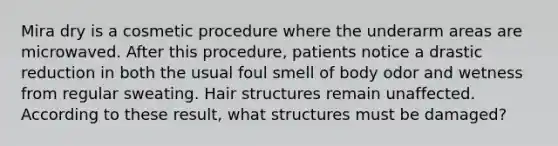 Mira dry is a cosmetic procedure where the underarm areas are microwaved. After this procedure, patients notice a drastic reduction in both the usual foul smell of body odor and wetness from regular sweating. Hair structures remain unaffected. According to these result, what structures must be damaged?