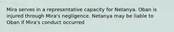 Mira serves in a representative capacity for Netanya. Oban is injured through Mira's negligence. Netanya may be liable to Oban if Mira's conduct occurred