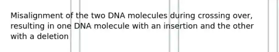 Misalignment of the two DNA molecules during crossing over, resulting in one DNA molecule with an insertion and the other with a deletion