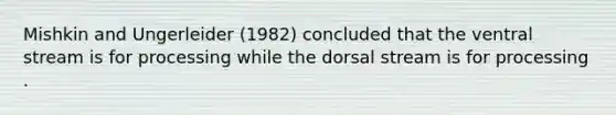 Mishkin and Ungerleider (1982) concluded that the ventral stream is for processing while the dorsal stream is for processing .