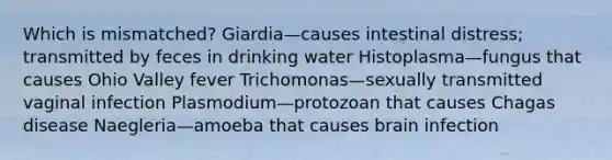 Which is mismatched? Giardia—causes intestinal distress; transmitted by feces in drinking water Histoplasma—fungus that causes Ohio Valley fever Trichomonas—sexually transmitted vaginal infection Plasmodium—protozoan that causes Chagas disease Naegleria—amoeba that causes brain infection