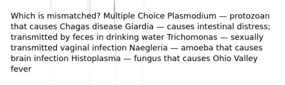 Which is mismatched? Multiple Choice Plasmodium — protozoan that causes Chagas disease Giardia — causes intestinal distress; transmitted by feces in drinking water Trichomonas — sexually transmitted vaginal infection Naegleria — amoeba that causes brain infection Histoplasma — fungus that causes Ohio Valley fever