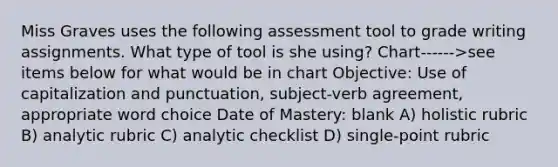 Miss Graves uses the following assessment tool to grade writing assignments. What type of tool is she using? Chart------>see items below for what would be in chart Objective: Use of capitalization and punctuation, subject-verb agreement, appropriate word choice Date of Mastery: blank A) holistic rubric B) analytic rubric C) analytic checklist D) single-point rubric