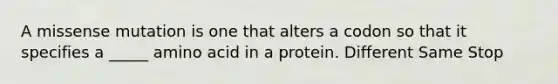 A missense mutation is one that alters a codon so that it specifies a _____ amino acid in a protein. Different Same Stop