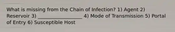 What is missing from the Chain of Infection? 1) Agent 2) Reservoir 3) __________________ 4) Mode of Transmission 5) Portal of Entry 6) Susceptible Host