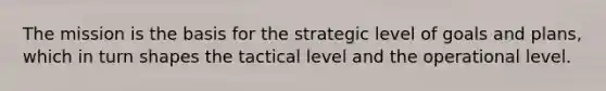 The mission is the basis for the strategic level of goals and plans, which in turn shapes the tactical level and the operational level.