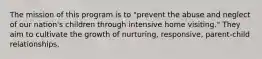 The mission of this program is to "prevent the abuse and neglect of our nation's children through intensive home visiting." They aim to cultivate the growth of nurturing, responsive, parent-child relationships.