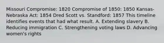 Missouri Compromise: 1820 Compromise of 1850: 1850 Kansas-Nebraska Act: 1854 Dred Scott vs. Standford: 1857 This timeline identifies events that had what result. A. Extending slavery B. Reducing immigration C. Strengthening voting laws D. Advancing women's rights