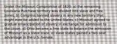 Under the Missouri Compromise of 1820: a) the remaining Louisiana Purchase territory was divided into slave and free zones. b) Congress banned slavery in any new territory that might ever be added to the United States. c) Missouri agreed to gradual emancipation of slavery in exchange for admission to the Union. d) Ohio became a free state to balance the admission of Missouri as a slave state. e) slave states gained a two-seat advantage in the U.S. Senate.