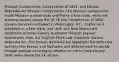 Missouri Compromise, Compromise of 1850, and Kansas Nebraska Act Missouri Compromise -The Missouri compromise made Missouri a slave state and Maine a free state, while not allowing slavery above the 36 30 line Compromise of 1850 -Slavery becomes outlawed in Washington D.C., California is admitted as a free state, and Utah and New Mexico will determine whether slavery is allowed through popular sovereignty. Also, the Fugitive Slave Law is passed. Kansas Nebraska Act -The Kansas Nebraska act separated the Nebraska territory into Kansas and Nebraska and allowed each to decide through popular sovereignty whether or not to have slavery (both were above the 36 30 line