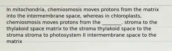 In mitochondria, chemiosmosis moves protons from the matrix into the intermembrane space, whereas in chloroplasts, chemiosmosis moves protons from the ________. stroma to the thylakoid space matrix to the stroma thylakoid space to the stroma stroma to photosystem II intermembrane space to the matrix