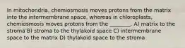 In mitochondria, chemiosmosis moves protons from the matrix into the intermembrane space, whereas in chloroplasts, chemiosmosis moves protons from the ________. A) matrix to the stroma B) stroma to the thylakoid space C) intermembrane space to the matrix D) thylakoid space to the stroma