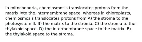 In mitochondria, chemiosmosis translocates protons from the matrix into the intermembrane space, whereas in chloroplasts, chemiosmosis translocates protons from A) the stroma to the photosystem II. B) the matrix to the stroma. C) the stroma to the thylakoid space. D) the intermembrane space to the matrix. E) the thylakoid space to the stroma.