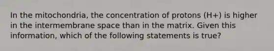 In the mitochondria, the concentration of protons (H+) is higher in the intermembrane space than in the matrix. Given this information, which of the following statements is true?