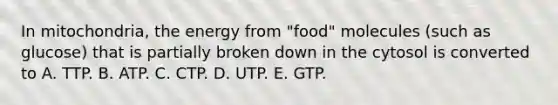 In mitochondria, the energy from "food" molecules (such as glucose) that is partially broken down in the cytosol is converted to A. TTP. B. ATP. C. CTP. D. UTP. E. GTP.