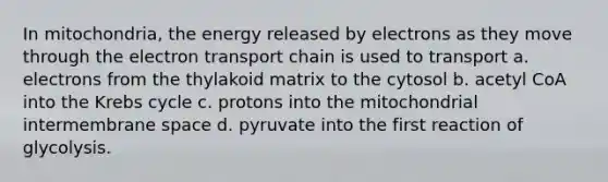 In mitochondria, the energy released by electrons as they move through the electron transport chain is used to transport a. electrons from the thylakoid matrix to the cytosol b. acetyl CoA into the Krebs cycle c. protons into the mitochondrial intermembrane space d. pyruvate into the first reaction of glycolysis.