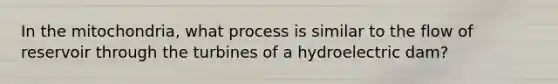 In the mitochondria, what process is similar to the flow of reservoir through the turbines of a hydroelectric dam?