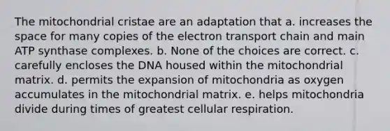 The mitochondrial cristae are an adaptation that a. increases the space for many copies of <a href='https://www.questionai.com/knowledge/k57oGBr0HP-the-electron-transport-chain' class='anchor-knowledge'>the electron transport chain</a> and main ATP synthase complexes. b. None of the choices are correct. c. carefully encloses the DNA housed within the mitochondrial matrix. d. permits the expansion of mitochondria as oxygen accumulates in the mitochondrial matrix. e. helps mitochondria divide during times of greatest cellular respiration.