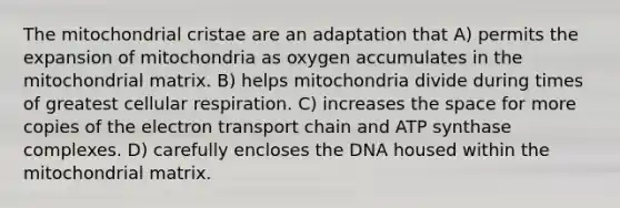 The mitochondrial cristae are an adaptation that A) permits the expansion of mitochondria as oxygen accumulates in the mitochondrial matrix. B) helps mitochondria divide during times of greatest cellular respiration. C) increases the space for more copies of the electron transport chain and ATP synthase complexes. D) carefully encloses the DNA housed within the mitochondrial matrix.