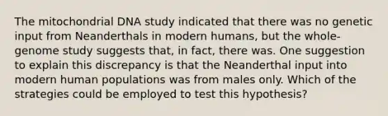 The mitochondrial DNA study indicated that there was no genetic input from Neanderthals in modern humans, but the whole-genome study suggests that, in fact, there was. One suggestion to explain this discrepancy is that the Neanderthal input into modern human populations was from males only. Which of the strategies could be employed to test this hypothesis?