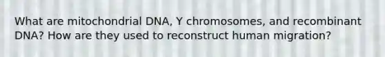 What are mitochondrial DNA, Y chromosomes, and <a href='https://www.questionai.com/knowledge/kkrH4LHLPA-recombinant-dna' class='anchor-knowledge'>recombinant dna</a>? How are they used to reconstruct human migration?