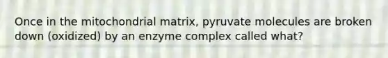 Once in the mitochondrial matrix, pyruvate molecules are broken down (oxidized) by an enzyme complex called what?