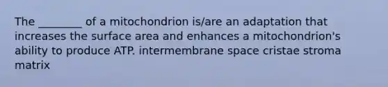 The ________ of a mitochondrion is/are an adaptation that increases the surface area and enhances a mitochondrion's ability to produce ATP. intermembrane space cristae stroma matrix