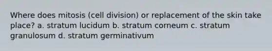 Where does mitosis (cell division) or replacement of the skin take place? a. stratum lucidum b. stratum corneum c. stratum granulosum d. stratum germinativum