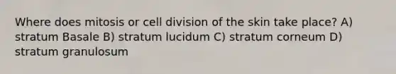 Where does mitosis or cell division of the skin take place? A) stratum Basale B) stratum lucidum C) stratum corneum D) stratum granulosum