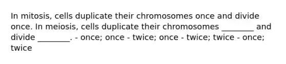 In mitosis, cells duplicate their chromosomes once and divide once. In meiosis, cells duplicate their chromosomes ________ and divide ________. - once; once - twice; once - twice; twice - once; twice