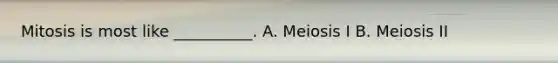 Mitosis is most like __________. A. Meiosis I B. Meiosis II