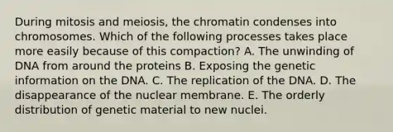 During mitosis and meiosis, the chromatin condenses into chromosomes. Which of the following processes takes place more easily because of this compaction? A. The unwinding of DNA from around the proteins B. Exposing the genetic information on the DNA. C. The replication of the DNA. D. The disappearance of the nuclear membrane. E. The orderly distribution of genetic material to new nuclei.