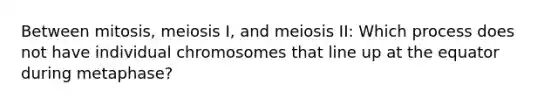 Between mitosis, meiosis I, and meiosis II: Which process does not have individual chromosomes that line up at the equator during metaphase?