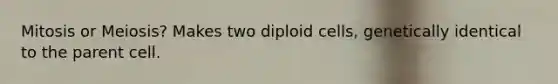 Mitosis or Meiosis? Makes two diploid cells, genetically identical to the parent cell.