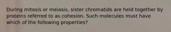 During mitosis or meiosis, sister chromatids are held together by proteins referred to as cohesion. Such molecules must have which of the following properties?