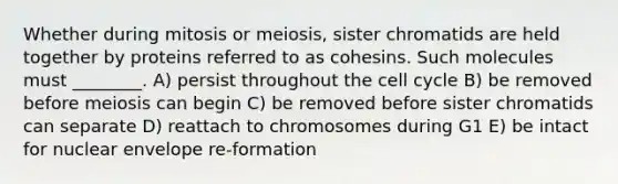 Whether during mitosis or meiosis, sister chromatids are held together by proteins referred to as cohesins. Such molecules must ________. A) persist throughout the cell cycle B) be removed before meiosis can begin C) be removed before sister chromatids can separate D) reattach to chromosomes during G1 E) be intact for nuclear envelope re-formation