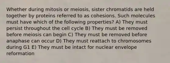 Whether during mitosis or meiosis, sister chromatids are held together by proteins referred to as cohesions. Such molecules must have which of the following properties? A) They must persist throughout the cell cycle B) They must be removed before meiosis can begin C) They must be removed before anaphase can occur D) They must reattach to chromosomes during G1 E) They must be intact for nuclear envelope reformation