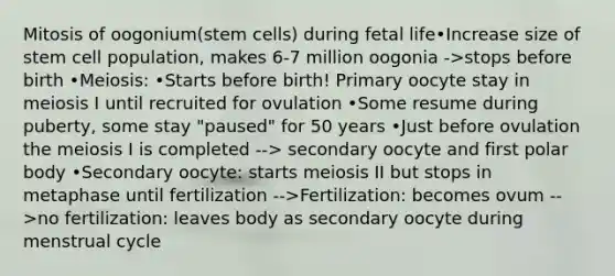 Mitosis of oogonium(stem cells) during fetal life•Increase size of stem cell population, makes 6-7 million oogonia ->stops before birth •Meiosis: •Starts before birth! Primary oocyte stay in meiosis I until recruited for ovulation •Some resume during puberty, some stay "paused" for 50 years •Just before ovulation the meiosis I is completed --> secondary oocyte and first polar body •Secondary oocyte: starts meiosis II but stops in metaphase until fertilization -->Fertilization: becomes ovum -->no fertilization: leaves body as secondary oocyte during menstrual cycle