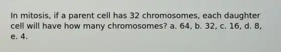 In mitosis, if a parent cell has 32 chromosomes, each daughter cell will have how many chromosomes? a. 64, b. 32, c. 16, d. 8, e. 4.