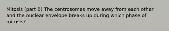 Mitosis (part B) The centrosomes move away from each other and the nuclear envelope breaks up during which phase of mitosis?