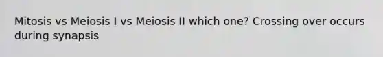 Mitosis vs Meiosis I vs Meiosis II which one? Crossing over occurs during synapsis