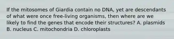 If the mitosomes of Giardia contain no DNA, yet are descendants of what were once free-living organisms, then where are we likely to find the genes that encode their structures? A. plasmids B. nucleus C. mitochondria D. chloroplasts