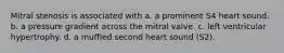 Mitral stenosis is associated with a. a prominent S4 heart sound. b. a pressure gradient across the mitral valve. c. left ventricular hypertrophy. d. a muffled second heart sound (S2).