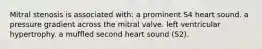 Mitral stenosis is associated with: a prominent S4 heart sound. a pressure gradient across the mitral valve. left ventricular hypertrophy. a muffled second heart sound (S2).