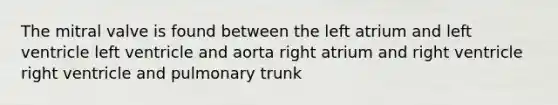 The mitral valve is found between the left atrium and left ventricle left ventricle and aorta right atrium and right ventricle right ventricle and pulmonary trunk