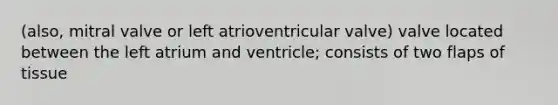 (also, mitral valve or left atrioventricular valve) valve located between the left atrium and ventricle; consists of two flaps of tissue