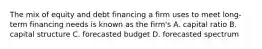 The mix of equity and debt financing a firm uses to meet long-term financing needs is known as the firm's A. capital ratio B. capital structure C. forecasted budget D. forecasted spectrum